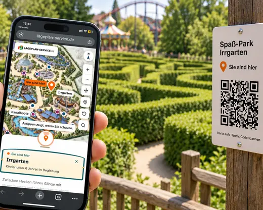 Interaktiver Lageplan von Lageplan-Service auf dem Smartphone, daneben ein QR-Wegweiser am Irrgarten