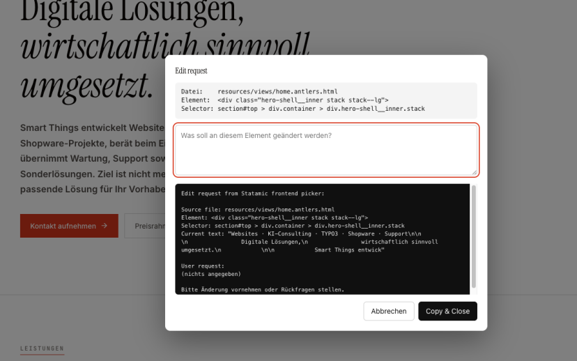 Pinpoint-Modal auf der smart-things.de-Startseite — Element-Picker, Edit-Anweisung im Textfeld, fertiger Prompt für Claude Code im Vorschau-Bereich.
